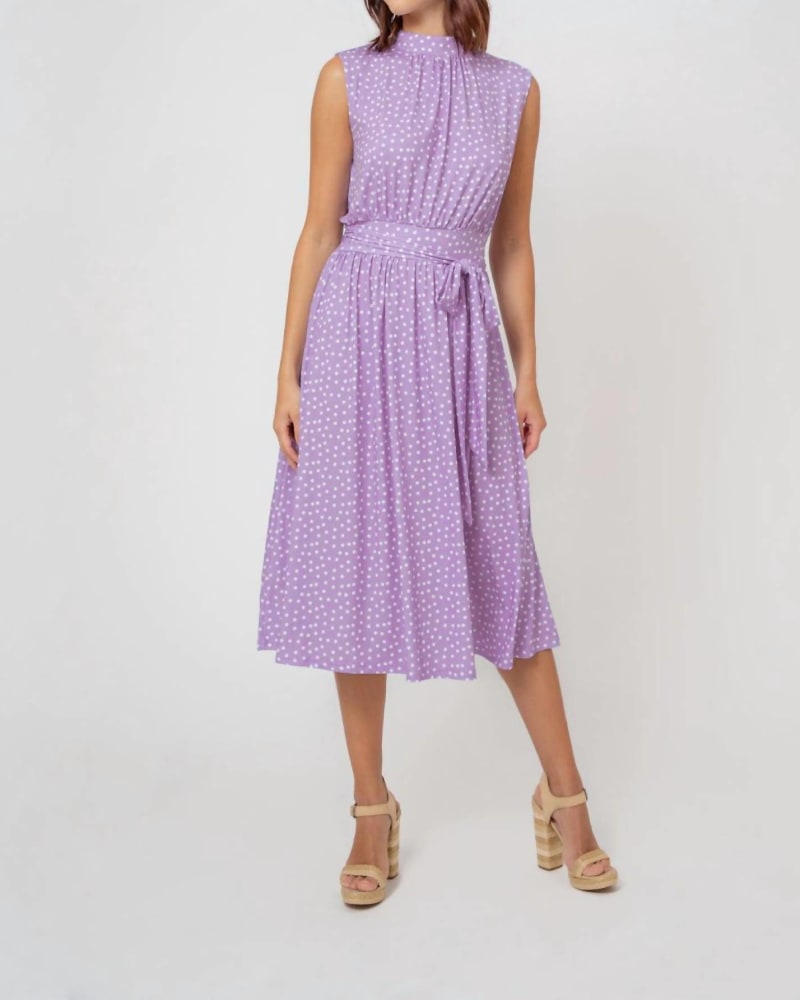 Front of a model wearing a size Large Mindy Dress in Confetti Purple in Confetti Purple by Leota. | dia_product_style_image_id:345416
